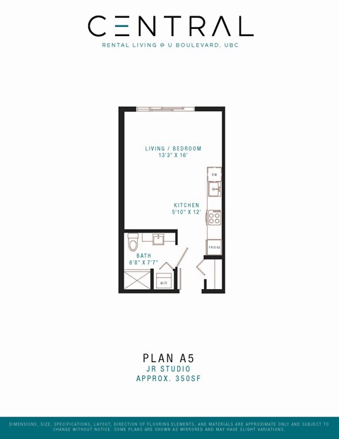 Floor plan for studio, 1 bath, 350 sqft